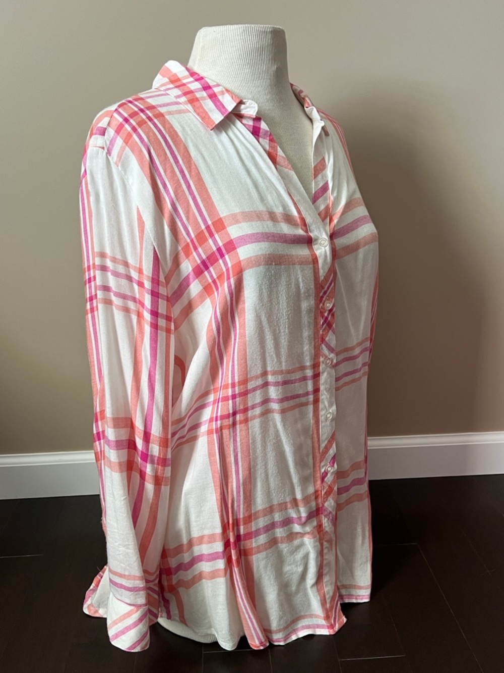 Womens Lightweight Pink & Coral Plaid Button-Up Shirt Sz L - Picture 2 of 9